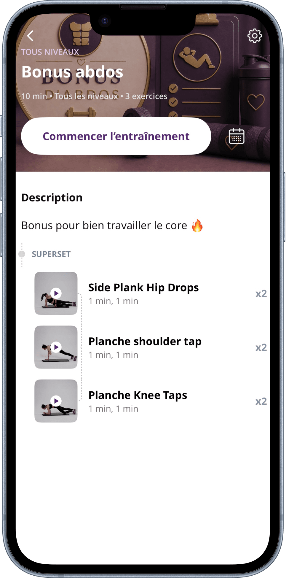 Écran programmes de l'application d'entraînement