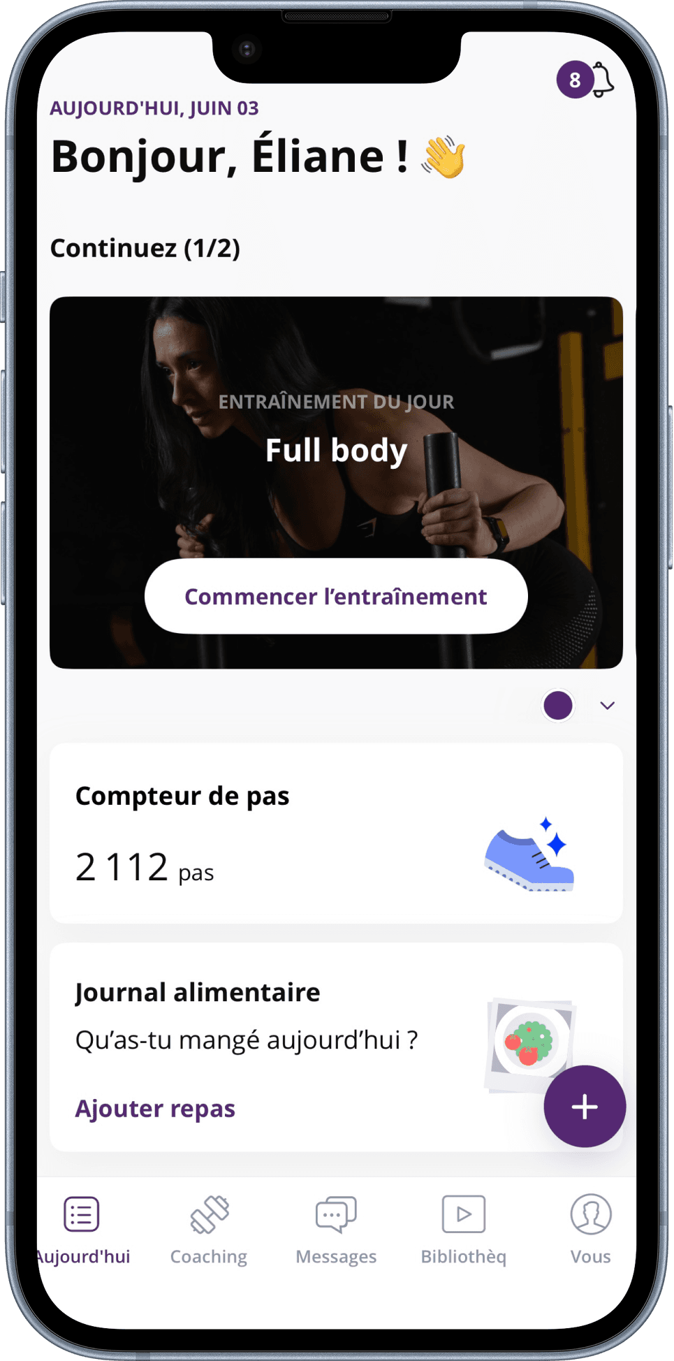 Écran tableau de bord de l'application d'entraînement